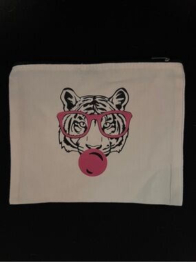 White Canvas Tiger Print Pouch with Pink Accents